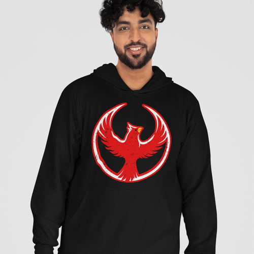 A young man wears the Northern Cardinal Rebel Alliance Hoodie, featuring a bold red phoenix emblem on a black pullover, embodying a message of resistance and equality.