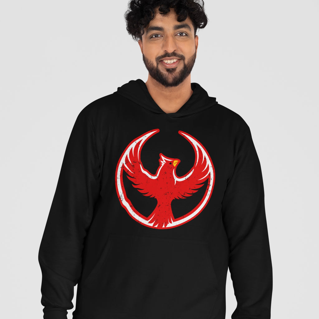 Man wearing St. Louis Rebel Alliance Hoodie featuring a red phoenix within a circle, symbolizing anti-fascist protest and equality. Ideal for supporting immigrant rights and social justice causes.