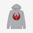 Northern Cardinal Rebel Alliance Hoodie features a light-gray pullover with a kangaroo pocket and drawstrings. A bold red phoenix emblem is printed on the chest, symbolizing resistance and equality.