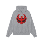 Northern Cardinal Rebel Alliance Hoodie features a light-gray pullover with a kangaroo pocket and drawstrings. A bold red pho