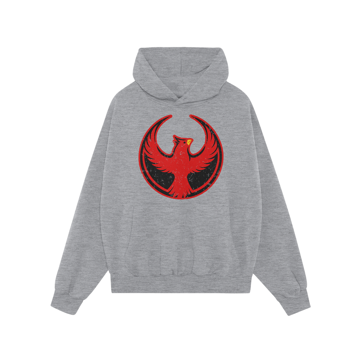 Northern Cardinal Rebel Alliance Hoodie features a light-gray pullover with a kangaroo pocket and drawstrings. A bold red pho