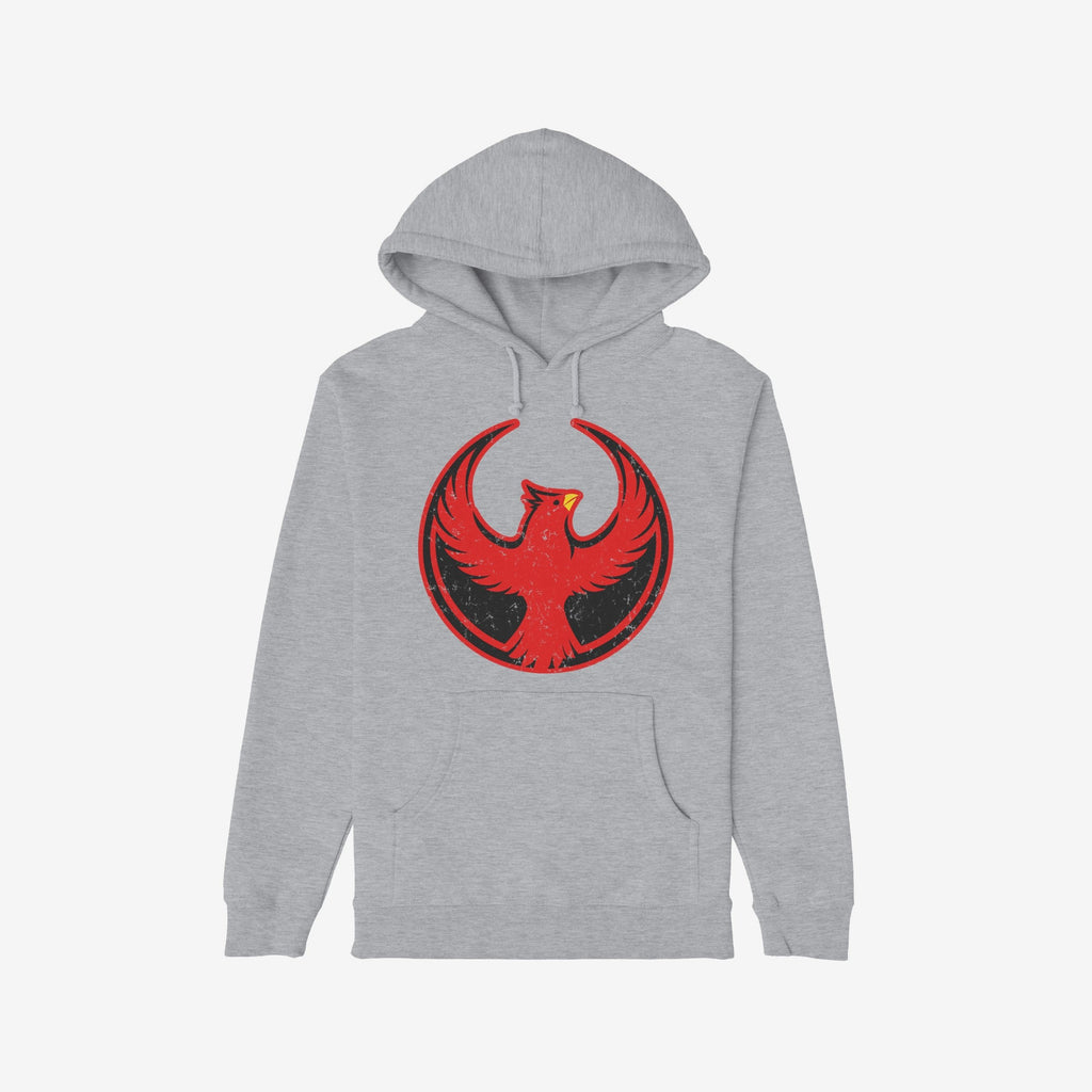 St. Louis Rebel Alliance Hoodie with a distressed red phoenix emblem on a light-gray pullover, symbolizing resistance and equality. Features drawstrings and kangaroo pocket, ideal for protest support and daily wear.