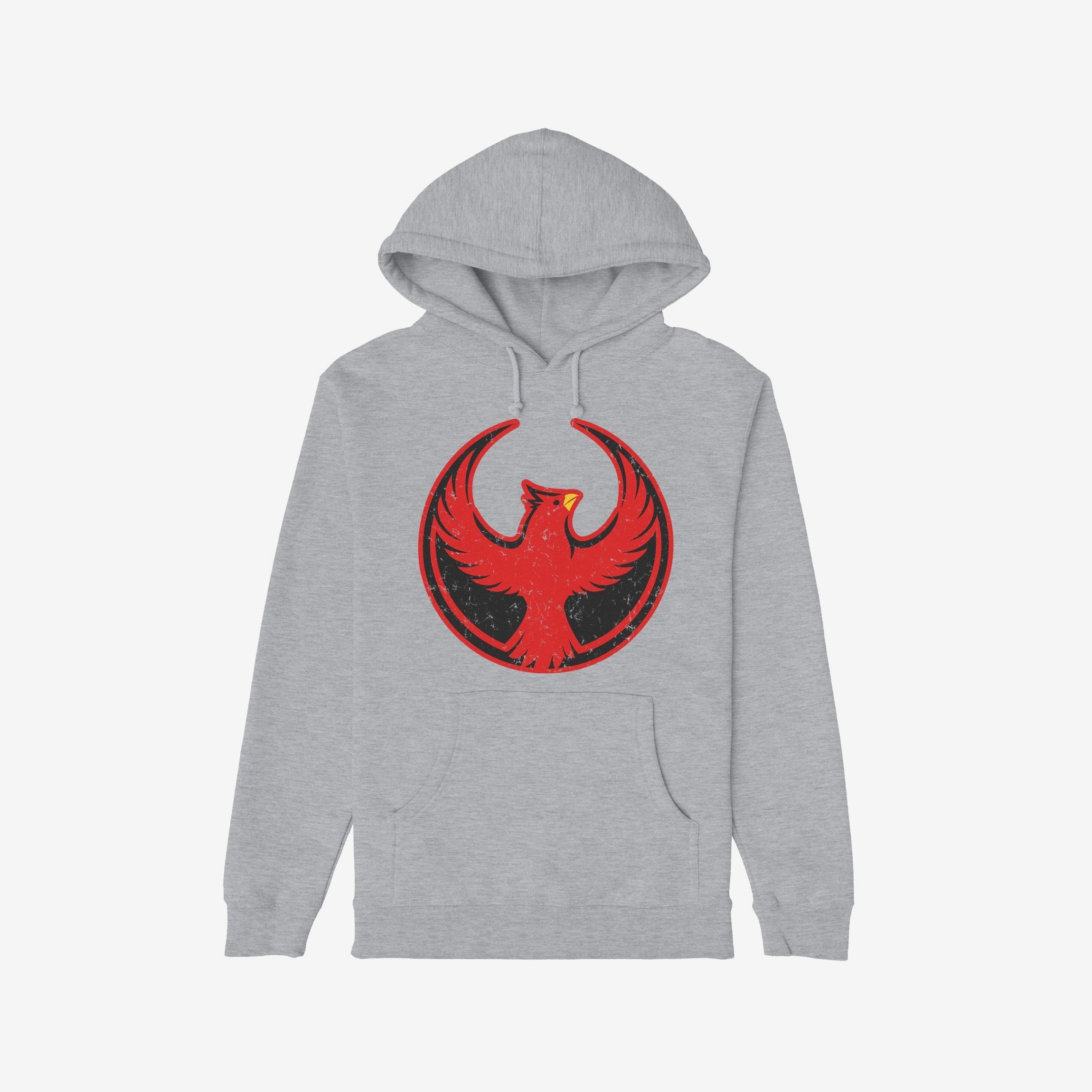 St. Louis Rebel Alliance Hoodie with a distressed red phoenix emblem on a light-gray pullover, symbolizing resistance and equality. Features drawstrings and kangaroo pocket, ideal for protest support and daily wear.