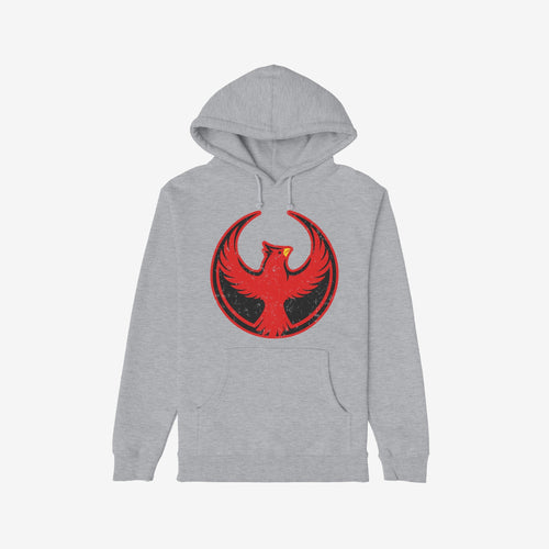 St. Louis Rebel Alliance Hoodie with a distressed red phoenix emblem on a light-gray pullover, symbolizing resistance and equality. Features drawstrings and kangaroo pocket, ideal for protest support and daily wear.