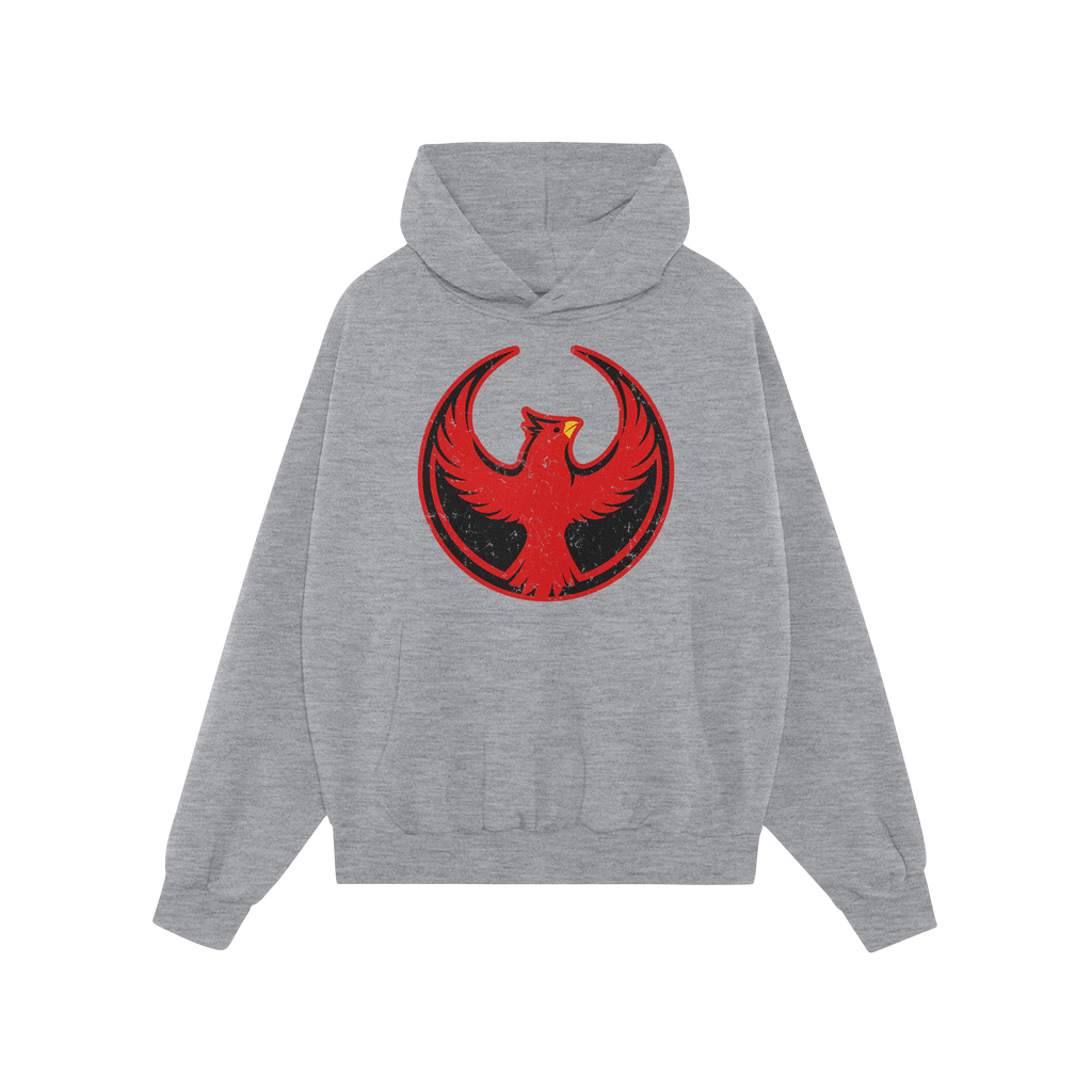 St. Louis Rebel Alliance Hoodie with a distressed red phoenix emblem on a light-gray pullover, symbolizing resistance and equ