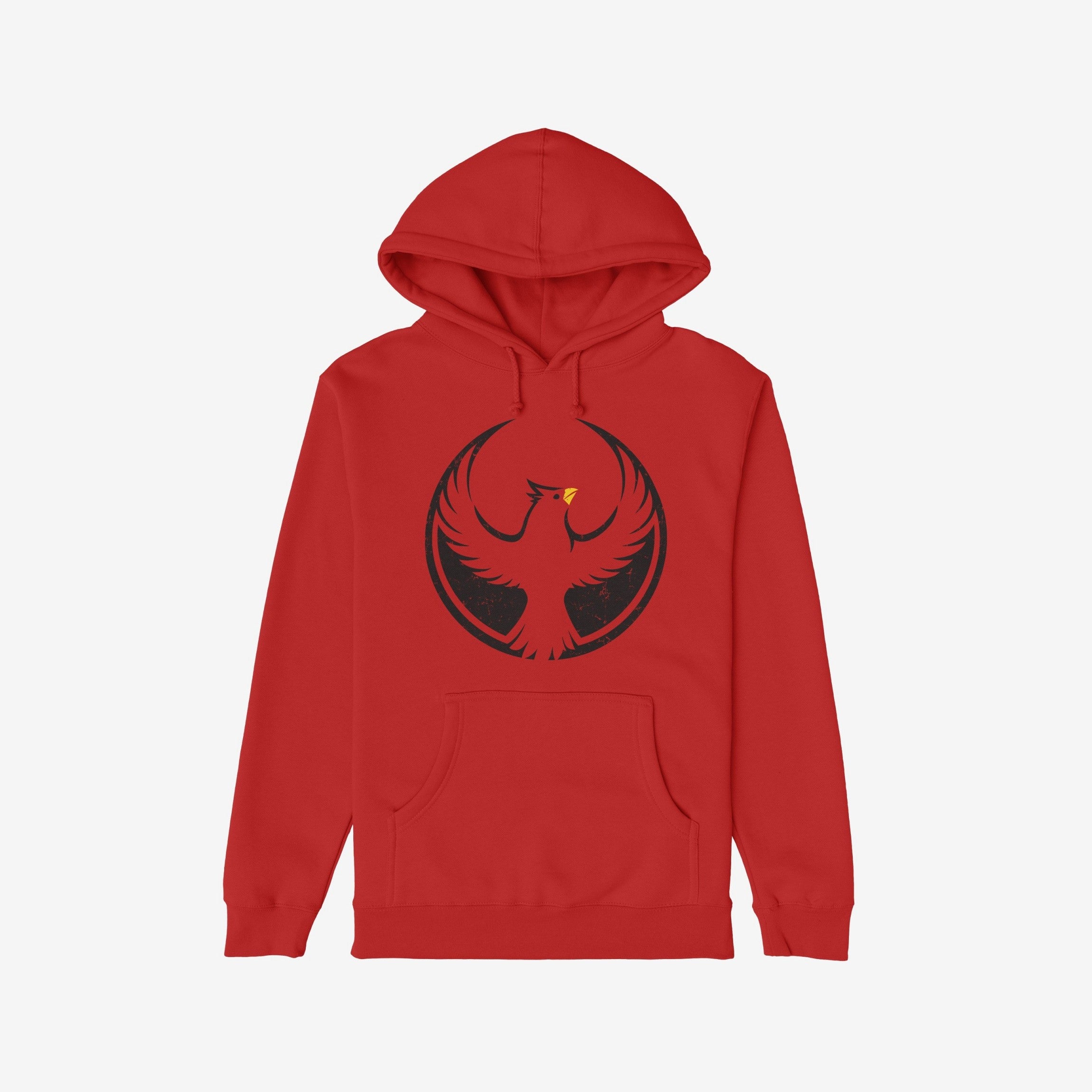 Northern Cardinal Rebel Alliance Hoodie features a red pullover with a kangaroo pocket and drawstring hood, adorned with a black phoenix graphic encircled on the chest, symbolizing resilience and community activism.