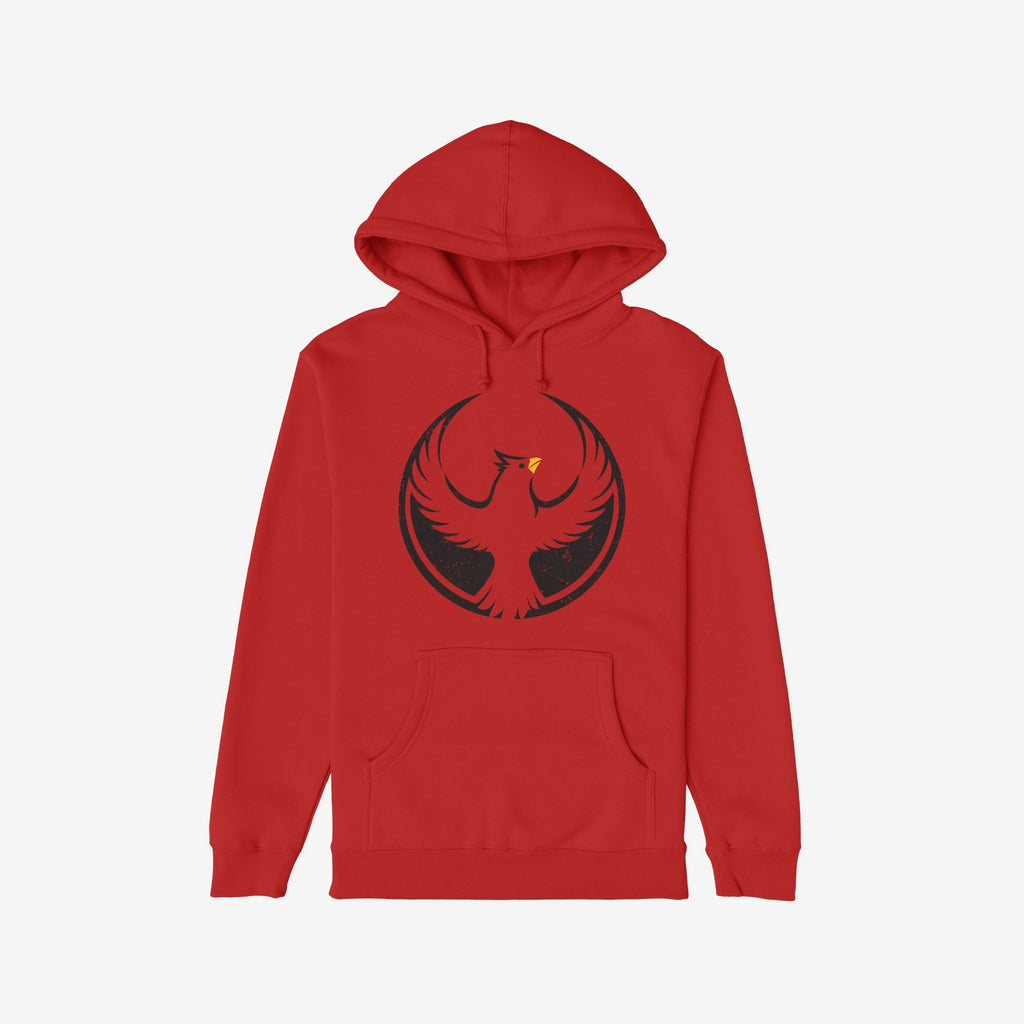 St. Louis Rebel Alliance Hoodie showcases a black phoenix emblem symbolizing resistance, with outstretched wings on a red backdrop. Features a drawstring hood and front kangaroo pocket, echoing anti-fascist sentiments.