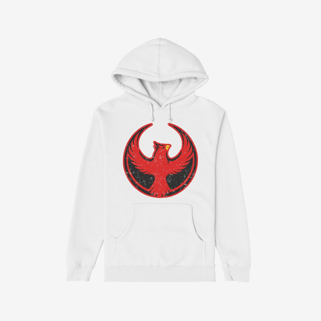Northern Cardinal Rebel Alliance Hoodie showcases a distressed red phoenix-like cardinal on a white pullover, embodying the fight for equality and anti-fascism with its bold emblem design.
