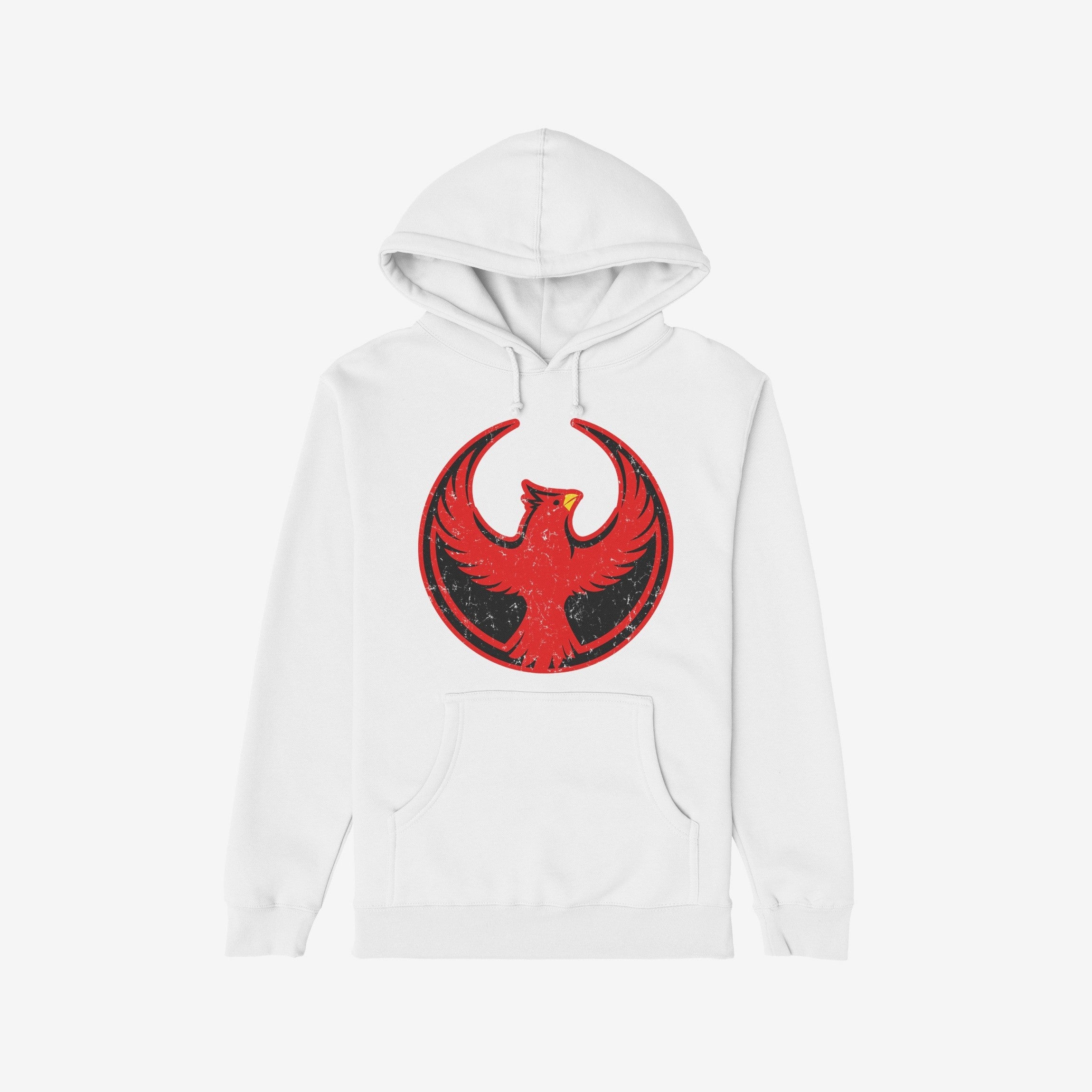 St. Louis Rebel Alliance Hoodie features a white pullover design with a red phoenix emblem on the chest, symbolizing resistance and equality.