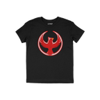 Northern Cardinal Rebel Alliance T-shirt featuring a distressed red phoenix graphic within a circle on the chest, symbolizing