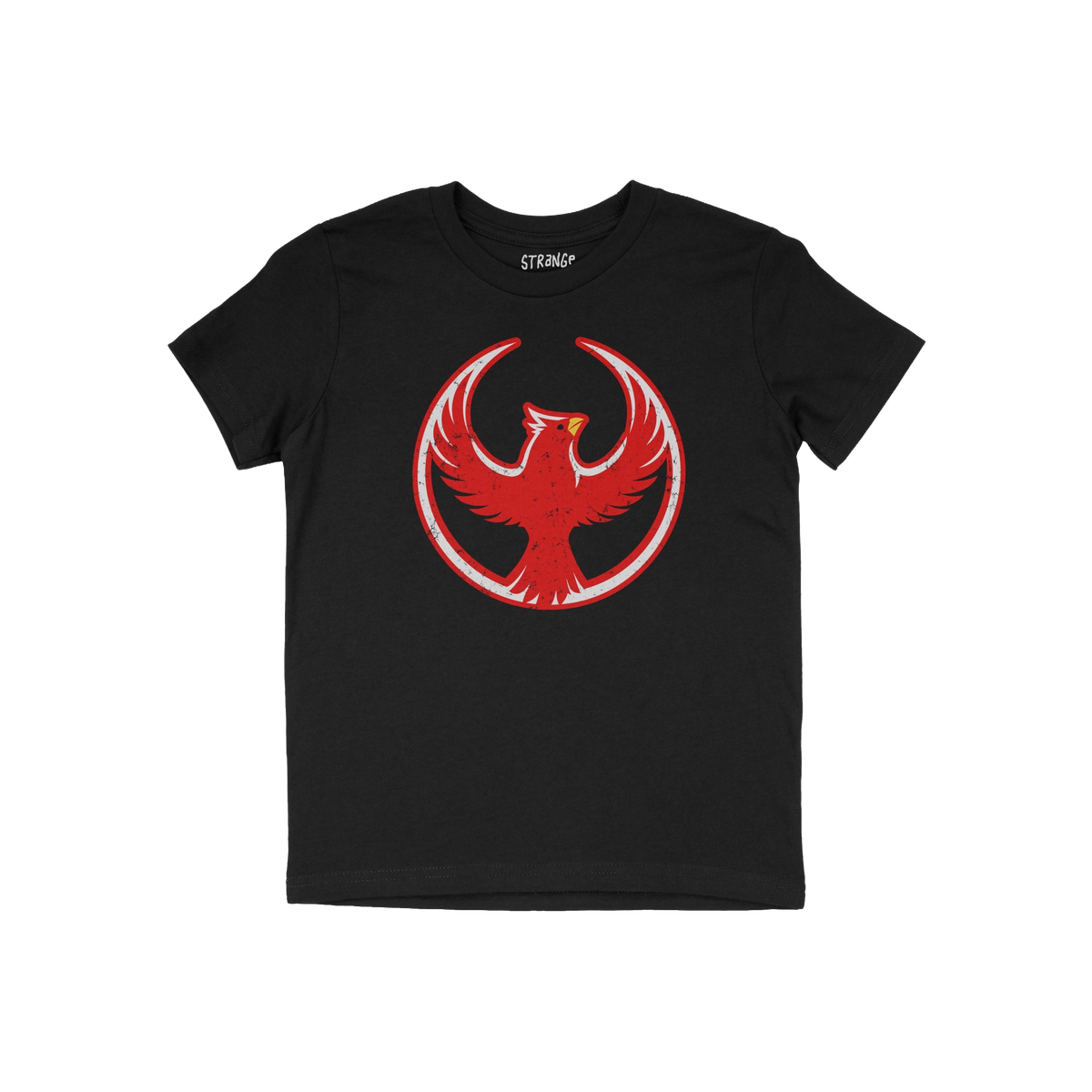 Northern Cardinal Rebel Alliance T-shirt featuring a distressed red phoenix graphic within a circle on the chest, symbolizing