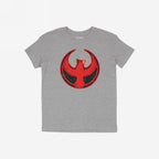 Northern Cardinal Rebel Alliance T-shirt features a bold red phoenix-like bird in a circular emblem, symbolizing resistance and equality. It's a heather-gray, slim-fit tee with a distinctive graphic print.