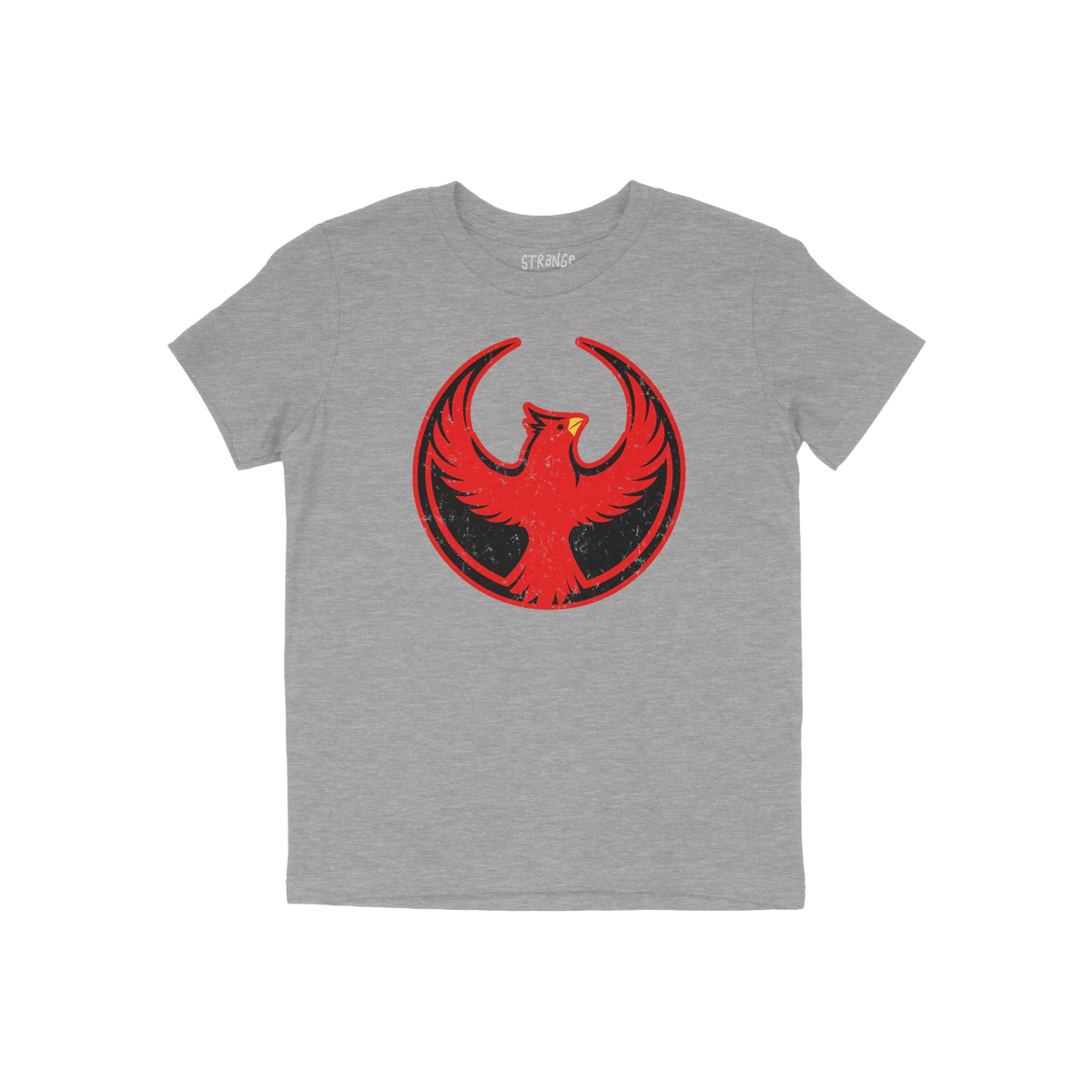 St. Louis Rebel Alliance T-shirt in heather-grey features a distressed red bird graphic, symbolizing resistance and equality,