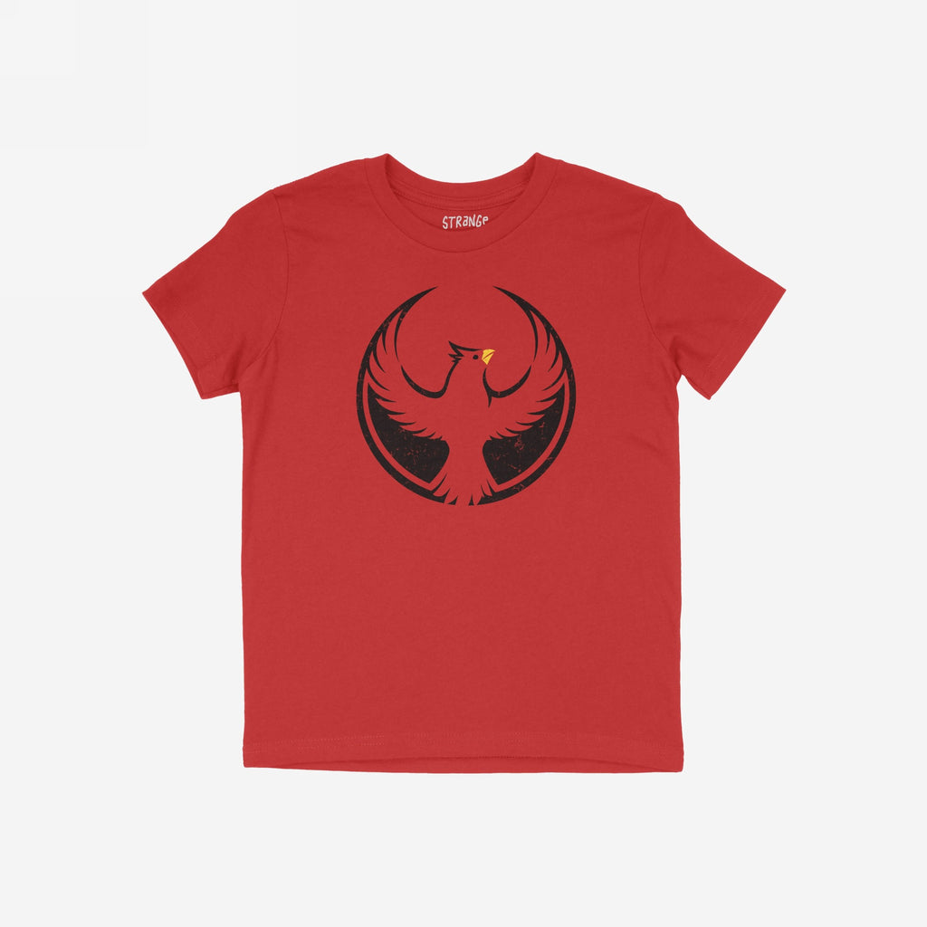 Northern Cardinal Rebel Alliance T-shirt features a bold circular phoenix graphic with distressed black wings, symbolizing resistance and community defense, perfect for advocates of equality and immigrant rights.