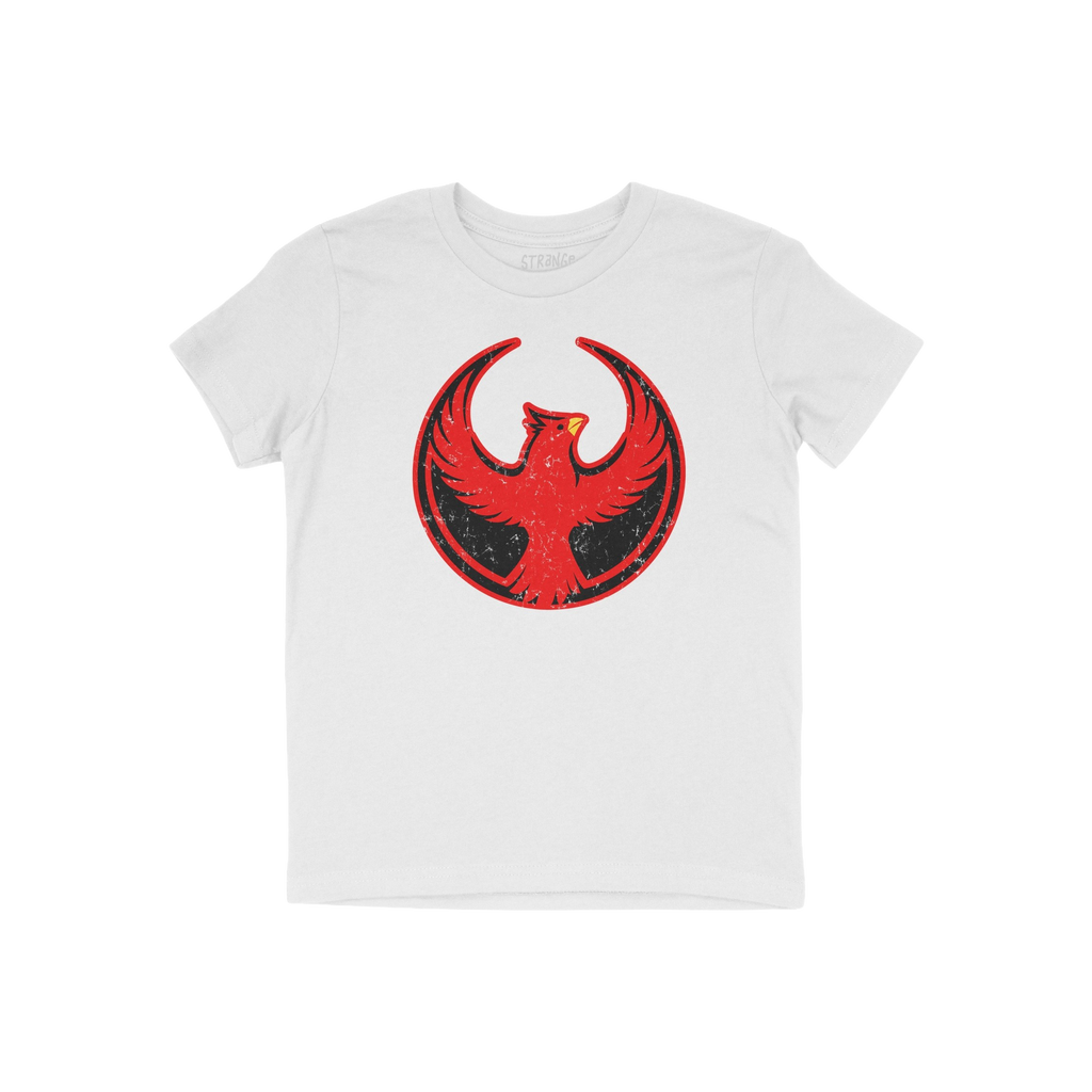 Northern Cardinal Rebel Alliance T-shirt featuring a distressed red bird graphic with raised wings inside a rebel circle, sym