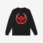 Northern Cardinal Rebel Alliance T-shirt featuring a distressed red phoenix graphic within a circle on the front, symbolizing defiance and community defense, laid flat with visible neck label text.