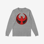 Heather-gray Northern Cardinal Rebel Alliance T-shirt featuring a distressed red phoenix emblem with outstretched wings on the chest, symbolizing resistance and solidarity. Visible Strange Gang label inside the neckline.