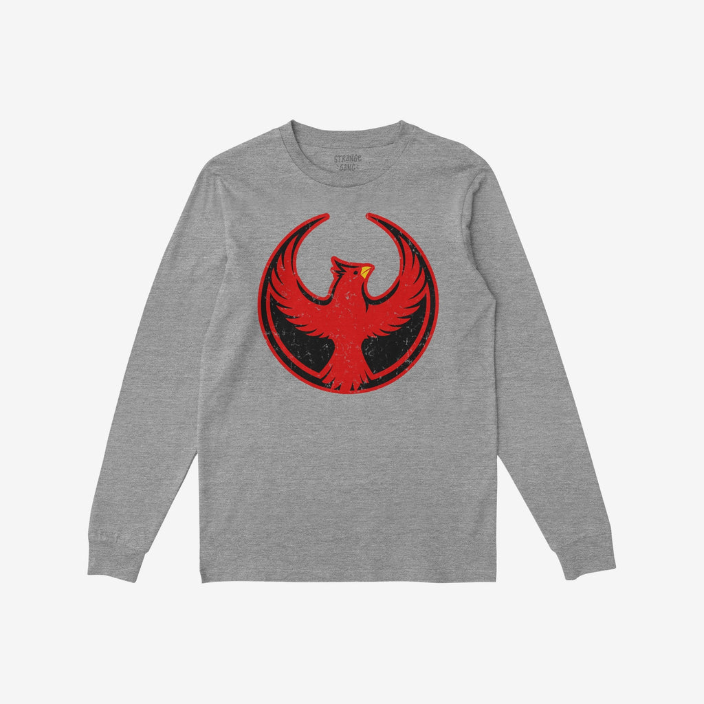 St. Louis Rebel Alliance T-shirt in heather-gray, featuring a bold red phoenix emblem with outstretched wings, symbolizing anti-fascism and equality. Ideal for advocates of immigrant rights and social justice.