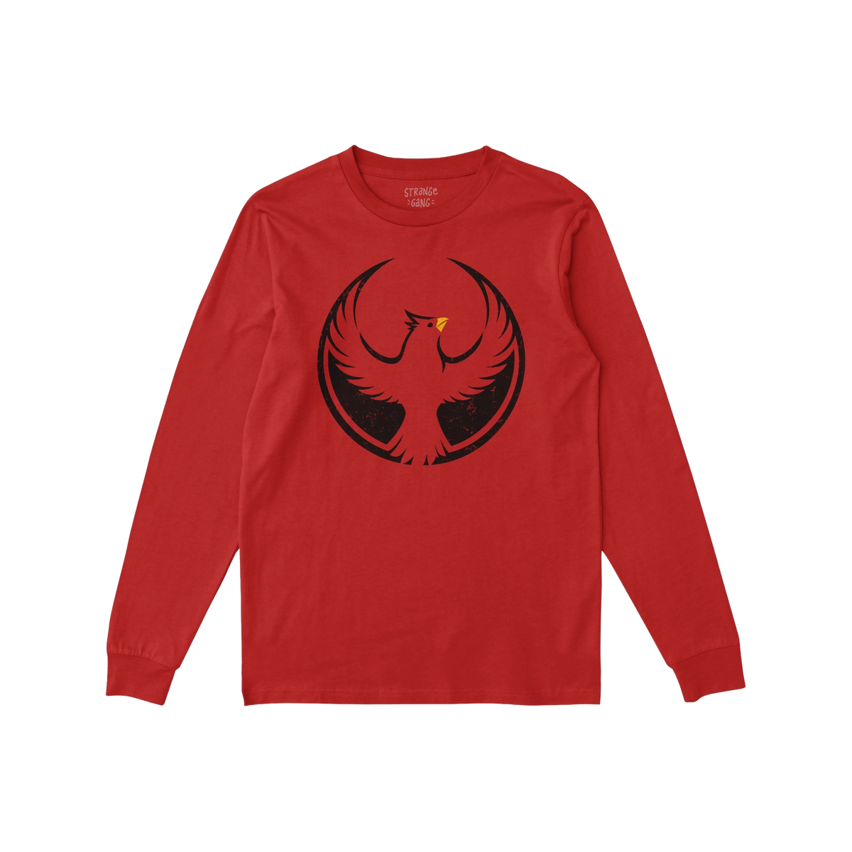 Northern Cardinal Rebel Alliance T-shirt featuring a distressed black phoenix-like bird graphic with a yellow beak inside a c