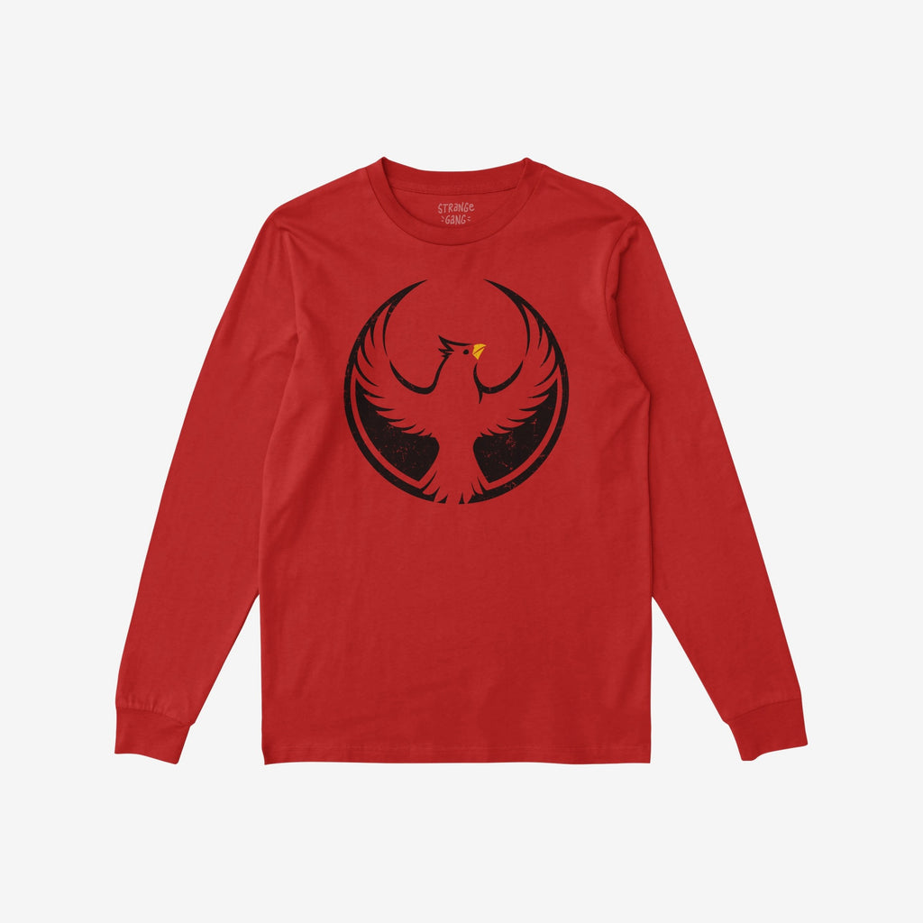 St. Louis Rebel Alliance T-shirt featuring a black phoenix rising inside a circular outline on a red, long-sleeve crew-neck, symbolizing anti-fascism and equality.
