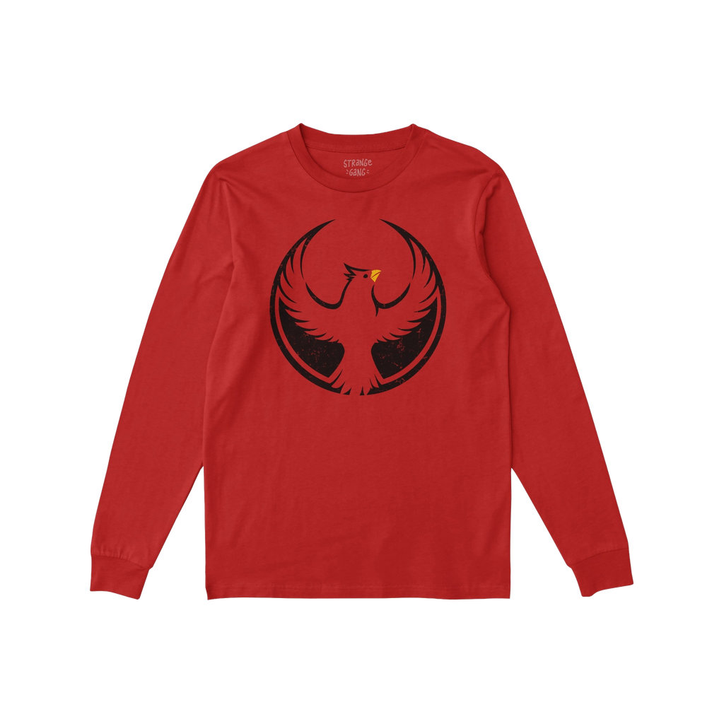 St. Louis Rebel Alliance T-shirt featuring a black phoenix rising inside a circular outline on a red, long-sleeve crew-neck, 