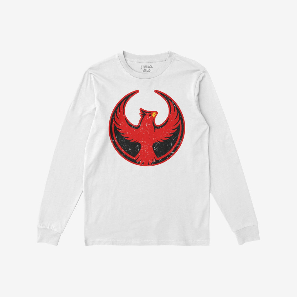 Northern Cardinal Rebel Alliance T-shirt with distressed red phoenix graphic inside a black and red circle, designed for protest and community defense, featuring a “Strange Gang” label at the collar.