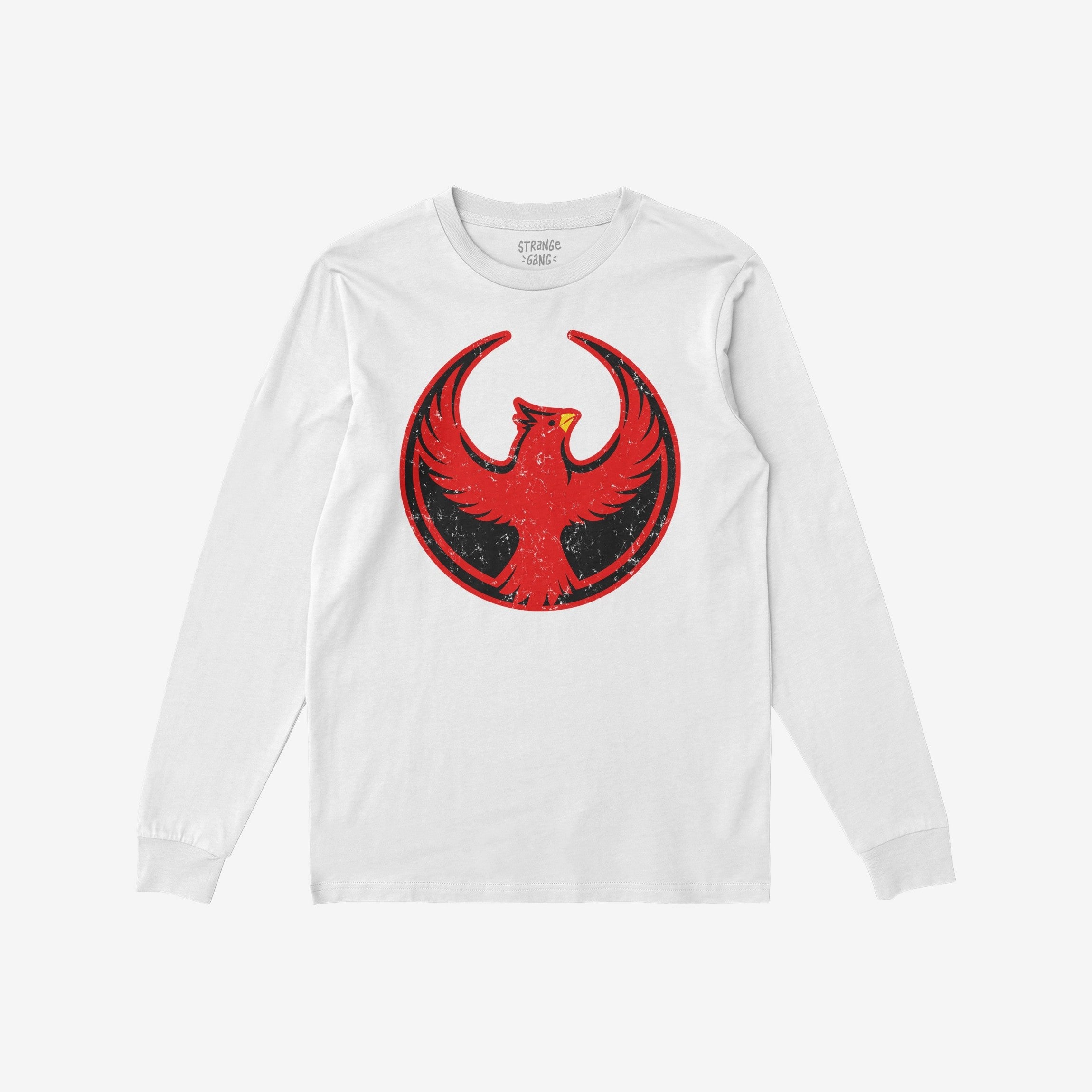 Northern Cardinal Rebel Alliance T-shirt with distressed red phoenix graphic inside a black and red circle, designed for protest and community defense, featuring a “Strange Gang” label at the collar.