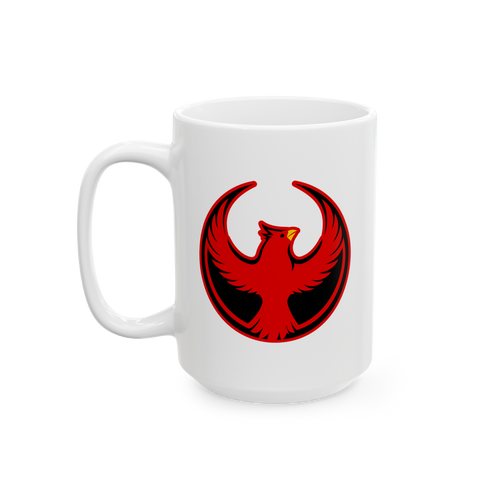 Northern Cardinal Rebel Alliance Mug featuring a red phoenix emblem, symbolizing anti-fascist unity. Ideal for those who valu