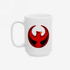 St. Louis Rebel Alliance Mug featuring a bold red stylized bird logo, symbolizing resistance and equality, perfect for those advocating against fascism and supporting immigrant rights. Available in 11 oz. and 15 oz.