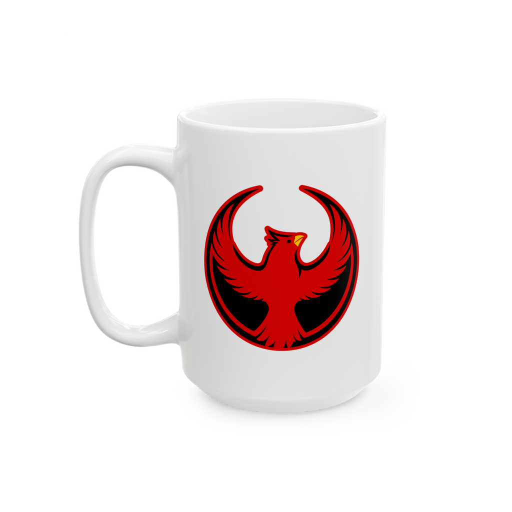 St. Louis Rebel Alliance Mug featuring a bold red stylized bird logo, symbolizing resistance and equality, perfect for those 