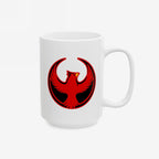St. Louis Rebel Alliance Mug, featuring a bold phoenix logo in red and black, symbolizes anti-fascist protest. Ideal for activists, it's microwave and dishwasher safe, available in 11 oz. and 15 oz. sizes.