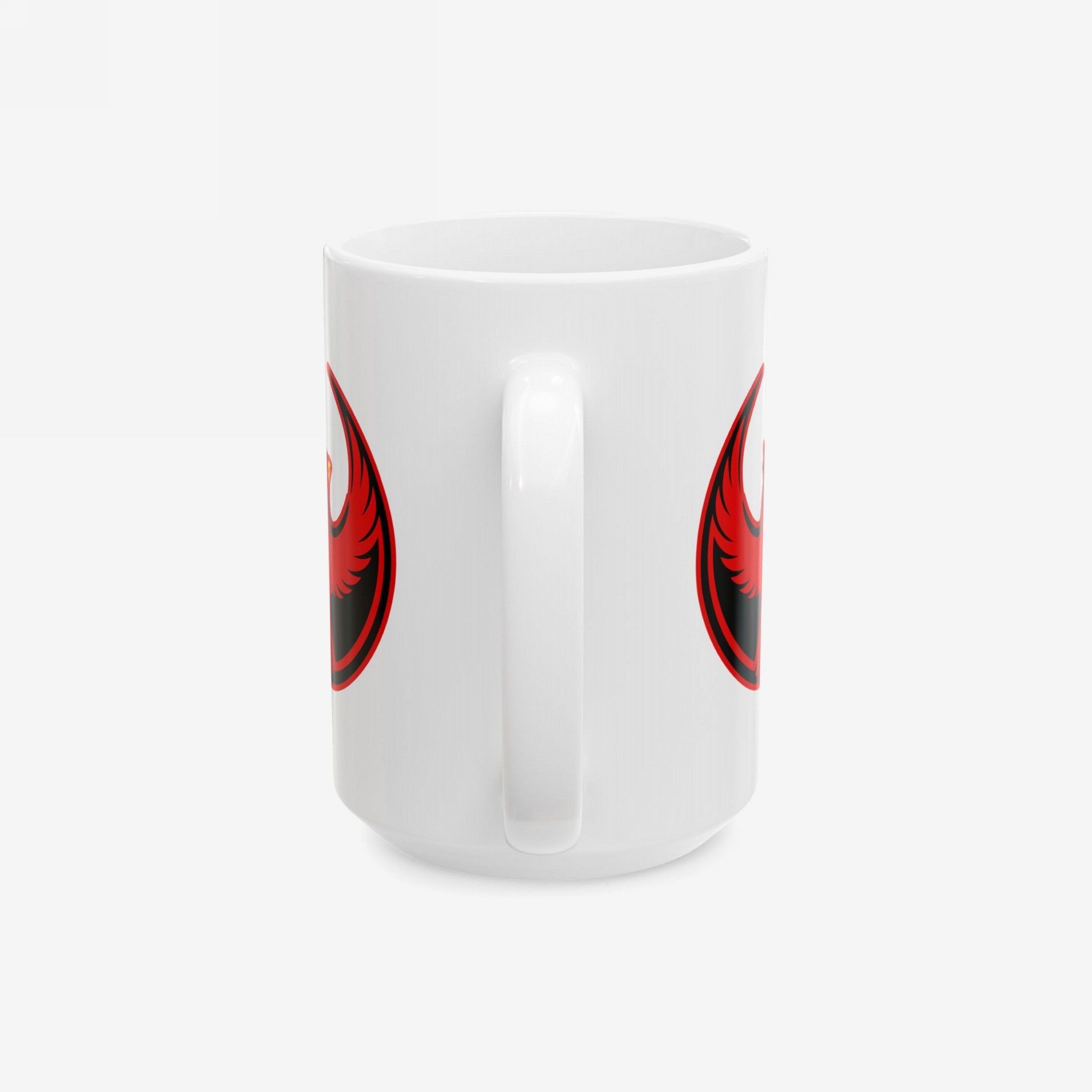 Northern Cardinal Rebel Alliance Mug featuring a red cardinal emblem with raised wings inside a rebel circle, symbolizing anti-fascist unity. The ceramic mug is side-viewed with the handle facing forward.