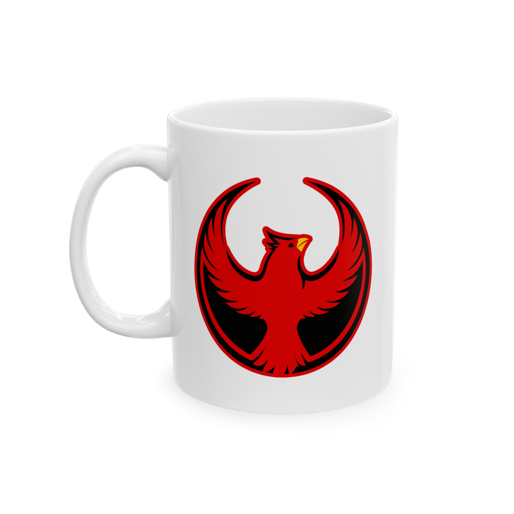 St. Louis Rebel Alliance Mug featuring a bold red bird with upward-arching wings, embodying anti-fascist protest design. Avai