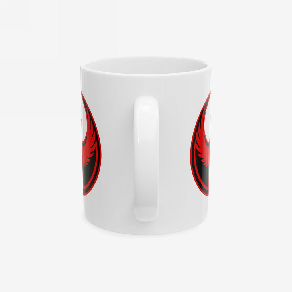 St. Louis Rebel Alliance Mug featuring a bold red-and-black phoenix emblem, symbolizing anti-fascist protest and equality, on a white ceramic base. Ideal for activists supporting immigrant rights.