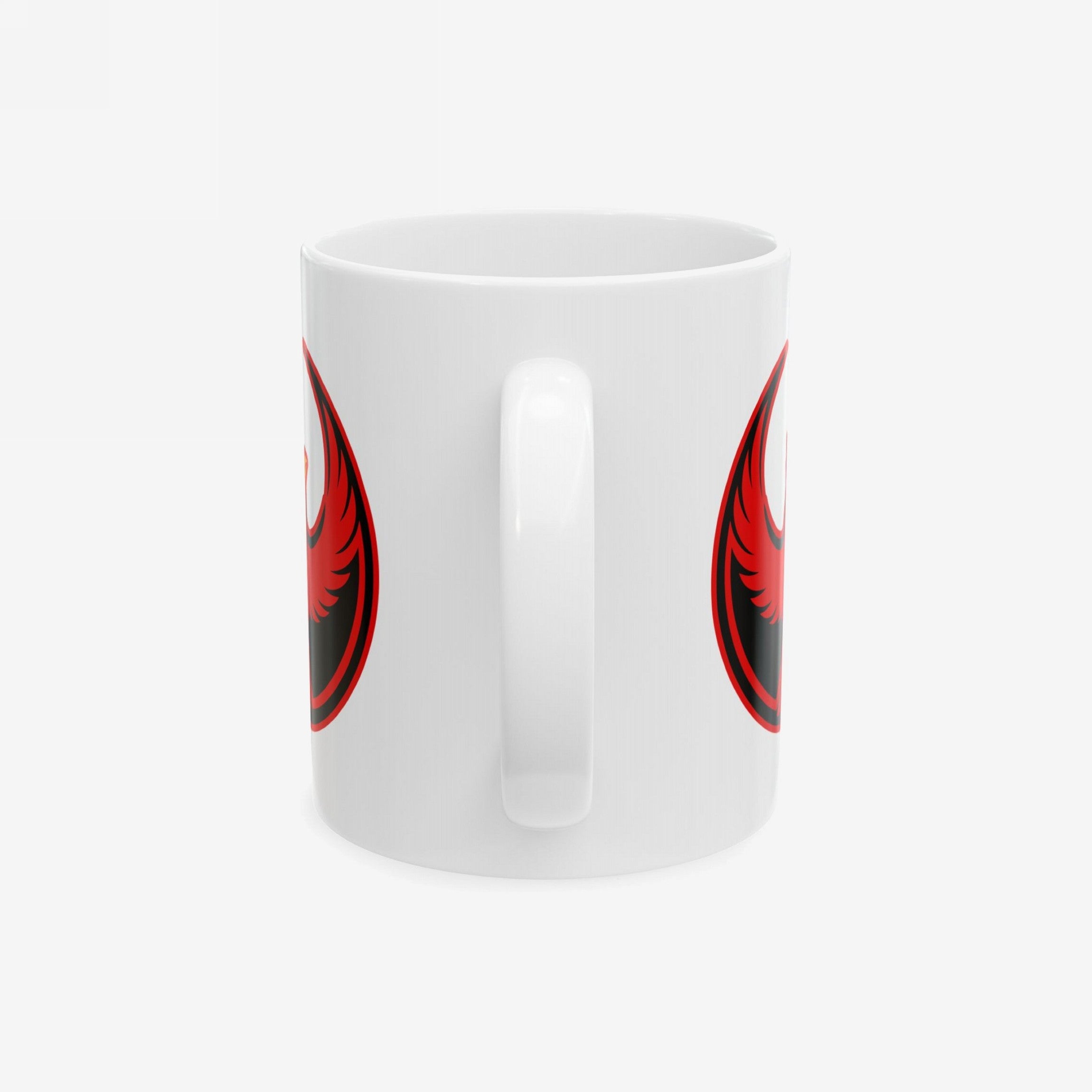 St. Louis Rebel Alliance Mug featuring a bold red-and-black phoenix emblem, symbolizing anti-fascist protest and equality, on a white ceramic base. Ideal for activists supporting immigrant rights.