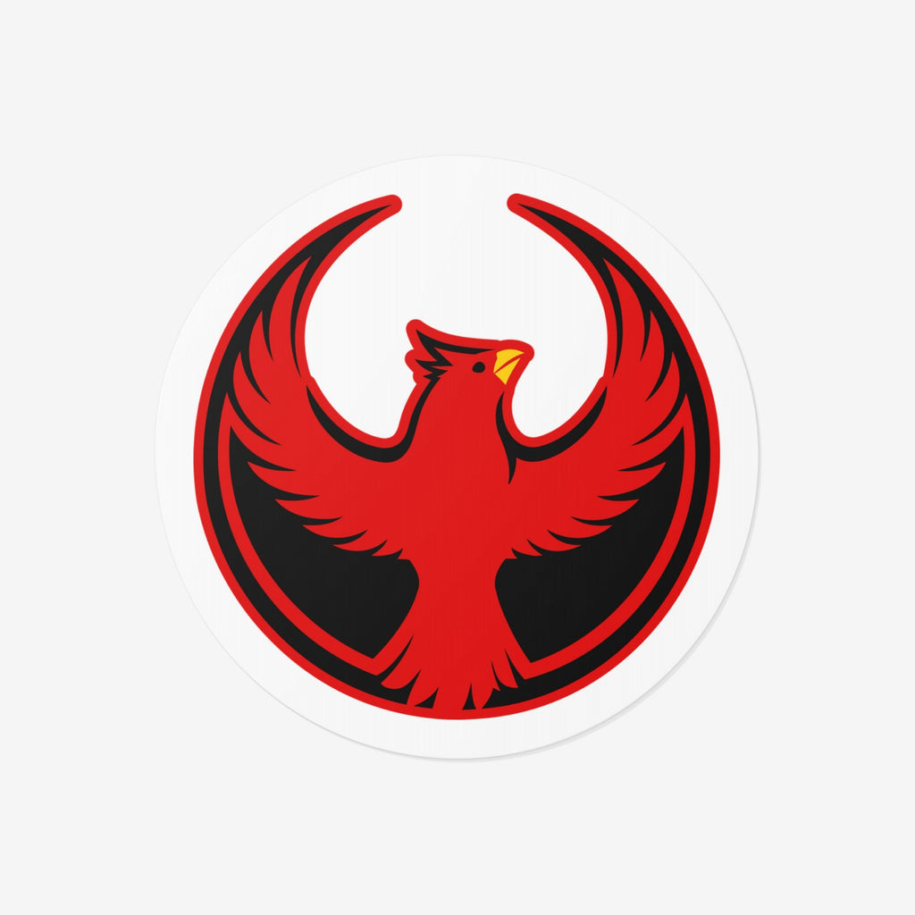 St. Louis Rebel Alliance Sticker features a bold red bird emblem with outstretched wings, symbolizing resistance and equality, set against a black semicircle within a red border, ideal for expressing solidarity.