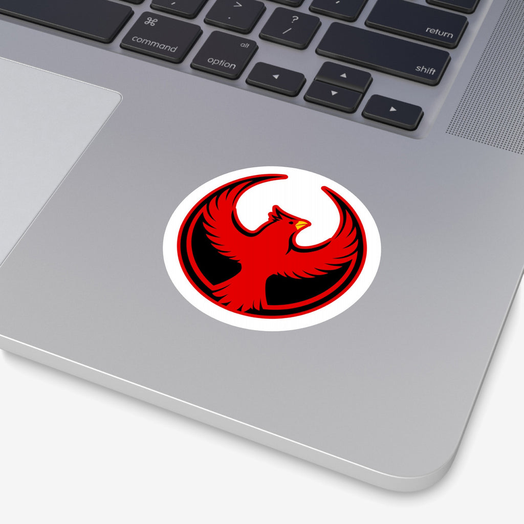 St. Louis Rebel Alliance Sticker on a MacBook's palm-rest area, featuring a red phoenix on black, symbolizes resistance and equality. Perfect for laptops, water bottles, showing STL pride. Available in 3 and 5.