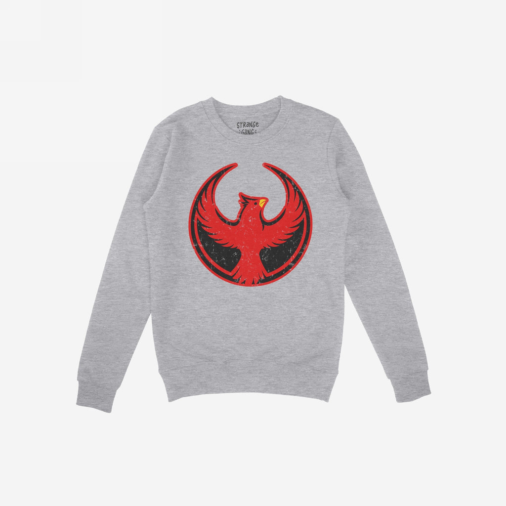 Northern Cardinal Rebel Alliance crewneck sweatshirt featuring a bold red phoenix graphic within a circular border on the chest, embodying a stand for equality and anti-fascist community defense.