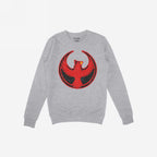 Northern Cardinal Rebel Alliance crewneck sweatshirt featuring a bold red phoenix graphic within a circular border on the chest, embodying a stand for equality and anti-fascist community defense.