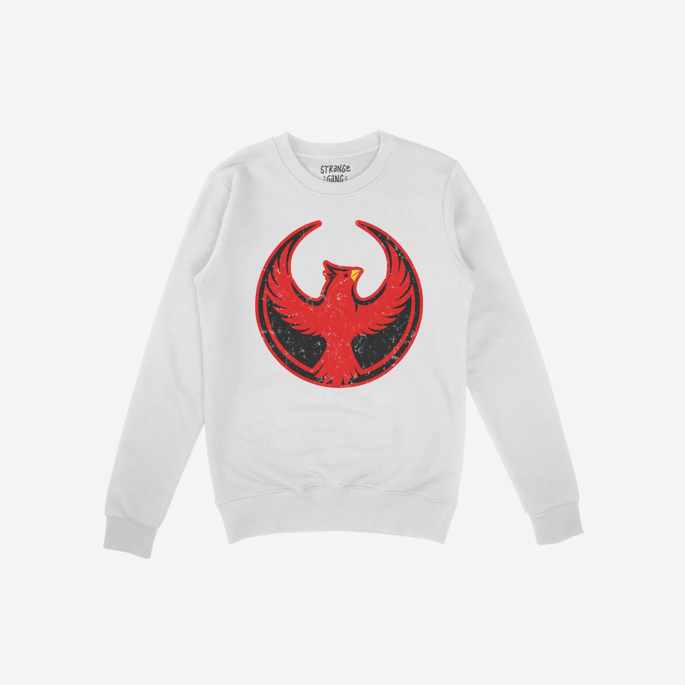 White Northern Cardinal Rebel Alliance sweatshirt featuring a red and black phoenix graphic. The circular emblem symbolizes unity and resistance, reflecting the store's commitment to equality and anti-fascism.