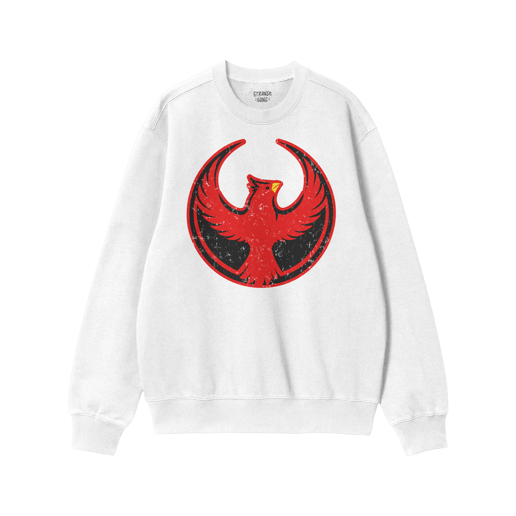 St. Louis Rebel Alliance Sweatshirt: White crewneck with a distressed red phoenix graphic, symbolizing anti-fascist and immig