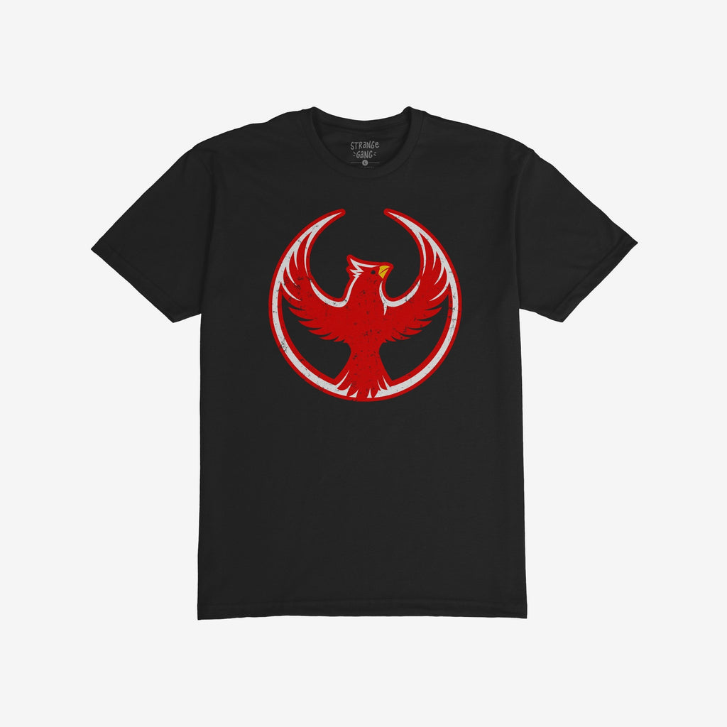 Northern Cardinal Rebel Alliance T-shirt features a black crew-neck design with a striking red phoenix graphic, symbolizing protest and equality, ideal for those advocating for immigrant rights and anti-fascist causes.