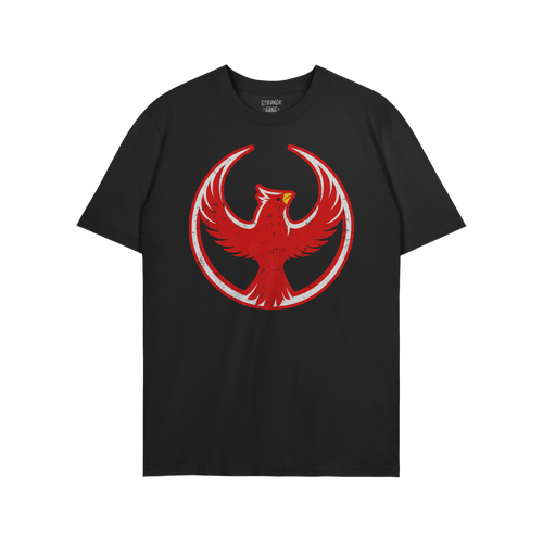 Northern Cardinal Rebel Alliance T-shirt features a black crew-neck design with a striking red phoenix graphic, symbolizing p