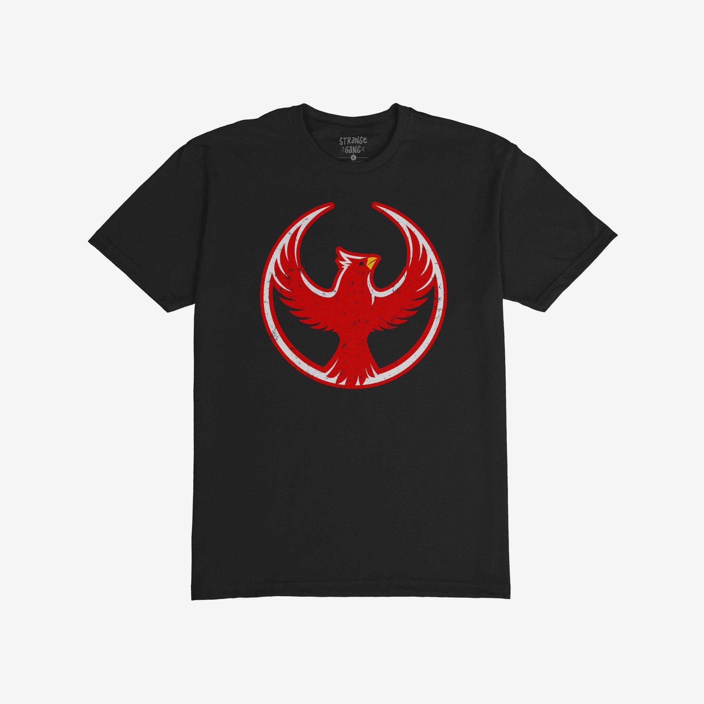 St. Louis Rebel Alliance T-shirt featuring a distressed red phoenix graphic enclosed in a circle on a black short-sleeve, symbolizing anti-fascist and equality advocacy.