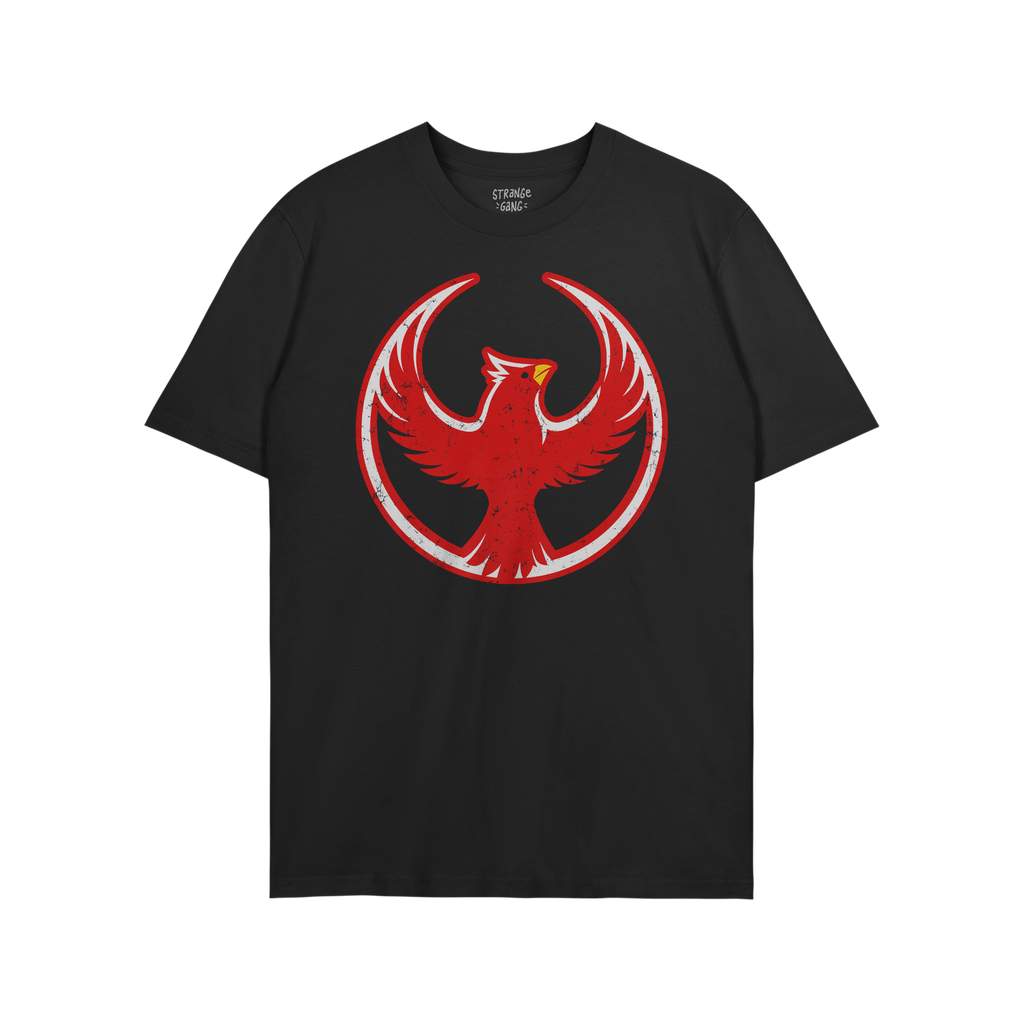 St. Louis Rebel Alliance T-shirt featuring a distressed red phoenix graphic enclosed in a circle on a black short-sleeve, sym