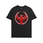 St. Louis Rebel Alliance T-shirt featuring a distressed red phoenix graphic enclosed in a circle on a black short-sleeve, sym