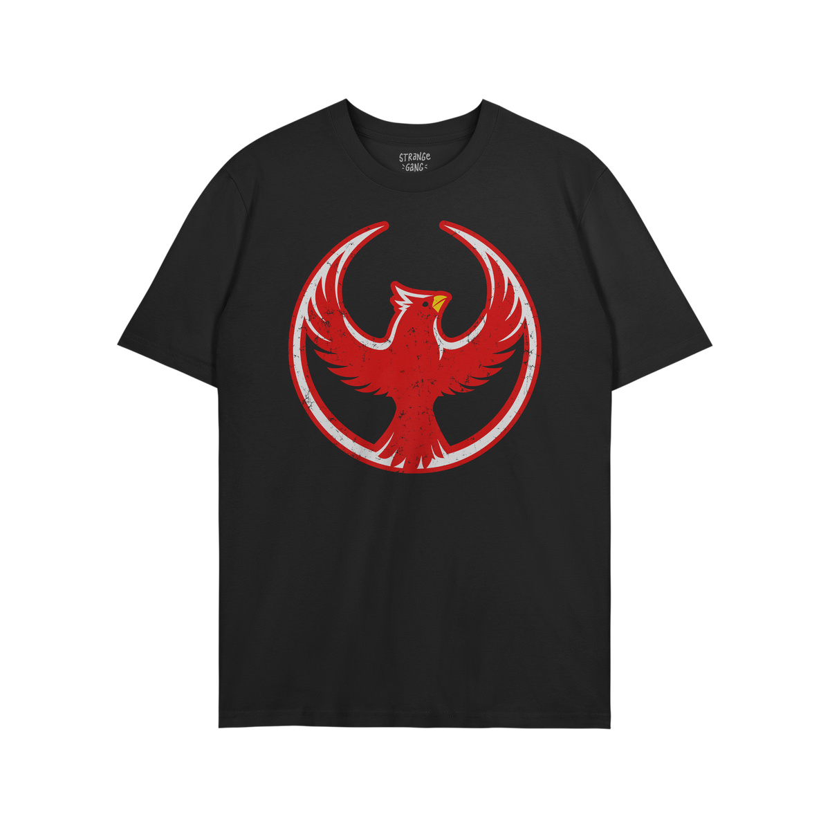 St. Louis Rebel Alliance T-shirt featuring a distressed red phoenix graphic enclosed in a circle on a black short-sleeve, sym