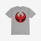 Northern Cardinal Rebel Alliance T-shirt featuring a stylized red phoenix graphic in a circular emblem, set against a heather-gray background, embodying themes of protest and community defense.