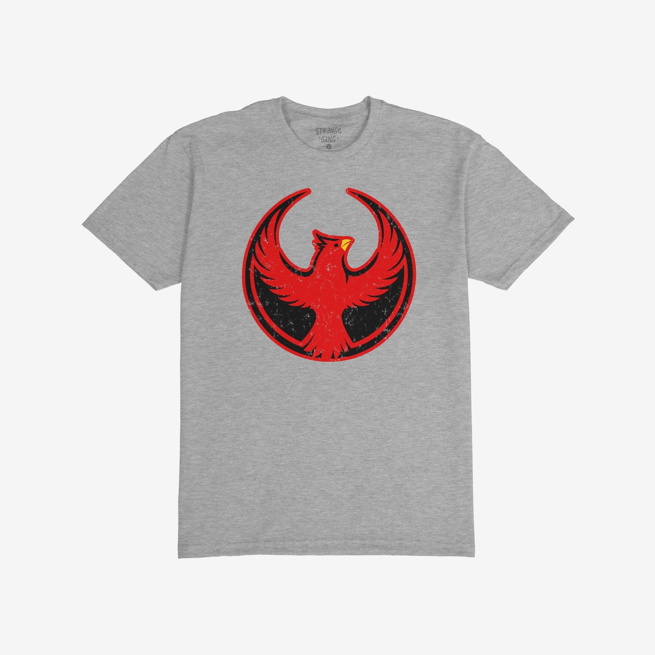 Northern Cardinal Rebel Alliance T-shirt featuring a stylized red phoenix graphic in a circular emblem, set against a heather-gray background, embodying themes of protest and community defense.