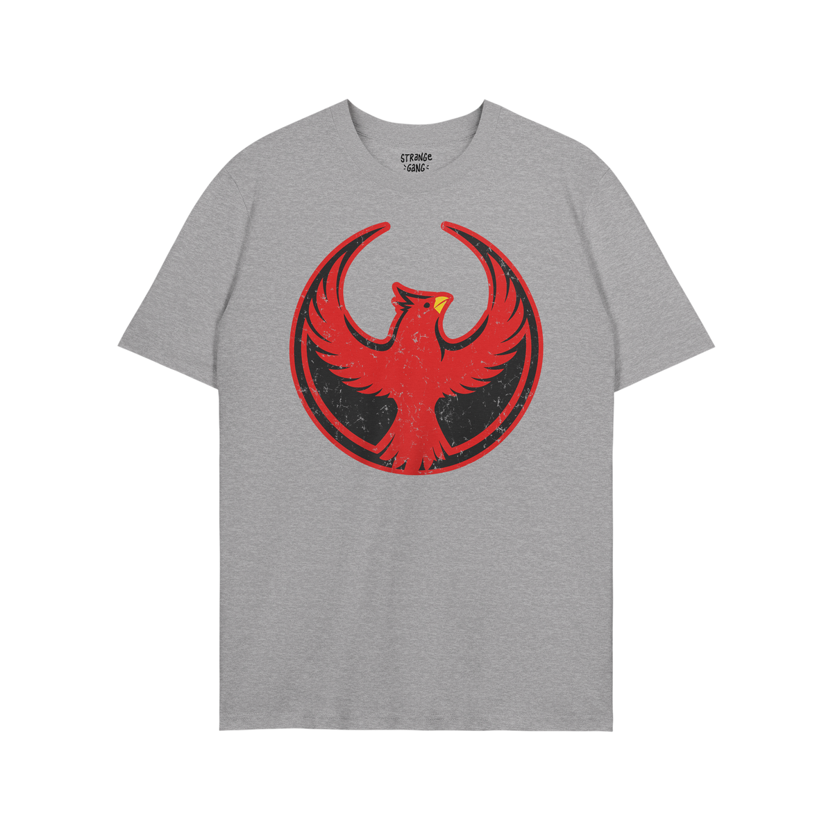 Northern Cardinal Rebel Alliance T-shirt featuring a stylized red phoenix graphic in a circular emblem, set against a heather